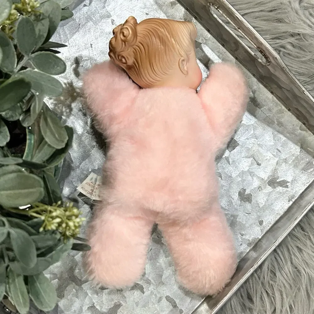 Vintage Bantam Rubber Face Snow Bunny Rabbit Baby Doll Stuffed Animal Pink Plush